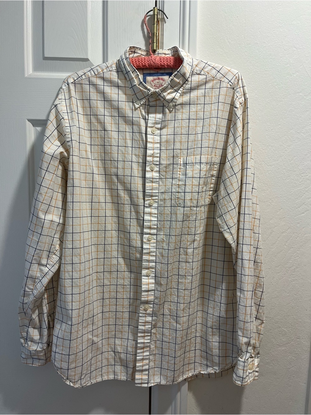 Brooks Brothers White Button-Down Shirt with Navy and Tan Windowpane Size L
